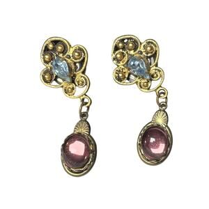 Vintage Style Ornate Drop Earrings Gold Tone Purple Cabochon Rhinestone